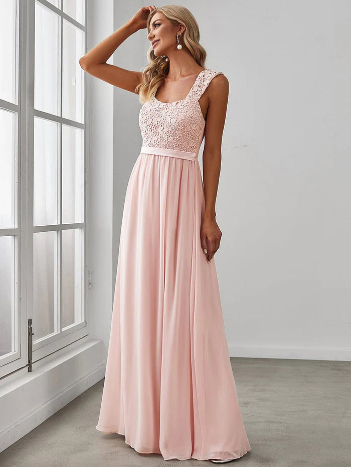 Wholesa Elegant A Line Long Chiffon Bridesmaid Dress With Lace Bodice