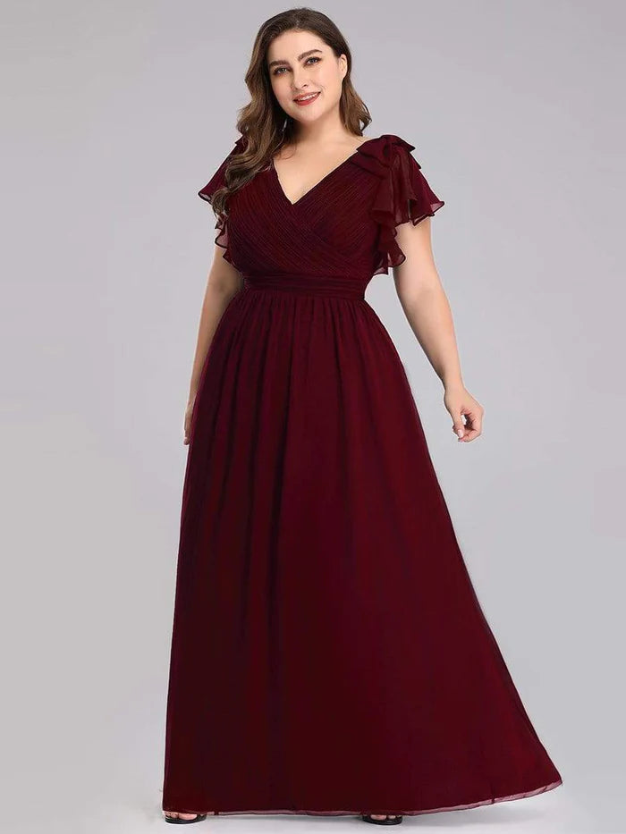 Wholesa Maxi Long Chiffon Plus Size Evening Dresses with Ruffles Sleeves