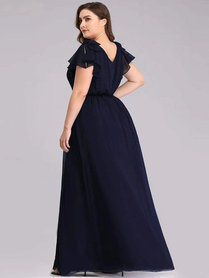 Wholesa Maxi Long Chiffon Plus Size Evening Dresses with Ruffles Sleeves