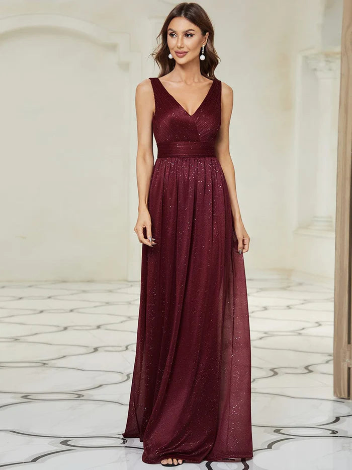 Wholesa Maxi Double V Neck Floor Length Sparkly Wedding Guest Dress