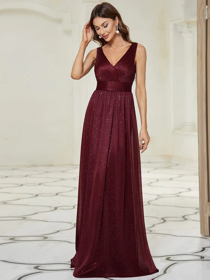 Wholesa Double V Neck Floor Length Sparkly Evening Dresses for Party