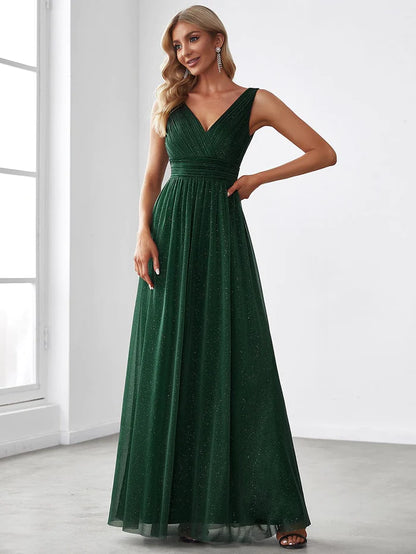 Wholesa Double V Neck Floor Length Sparkly Evening Dresses for Party