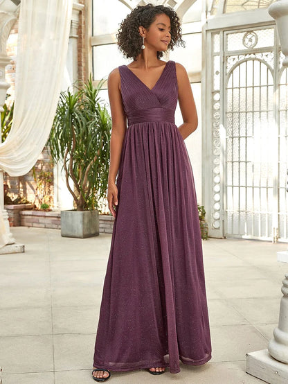 Wholesa Maxi Double V Neck Floor Length Sparkly Wedding Guest Dress