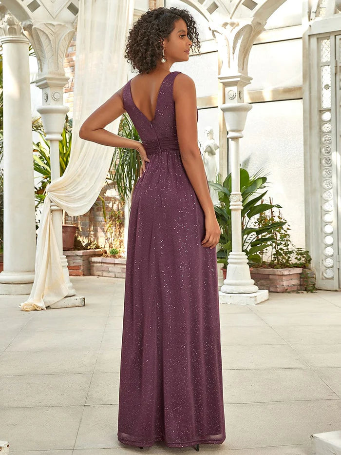 Wholesa Double V Neck Floor Length Sparkly Evening Dresses for Party