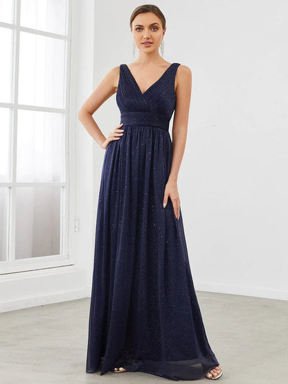 Wholesa Maxi Double V Neck Floor Length Sparkly Wedding Guest Dress