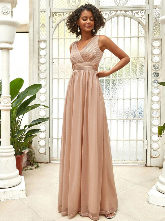 Wholesa Maxi Double V Neck Floor Length Sparkly Wedding Guest Dress