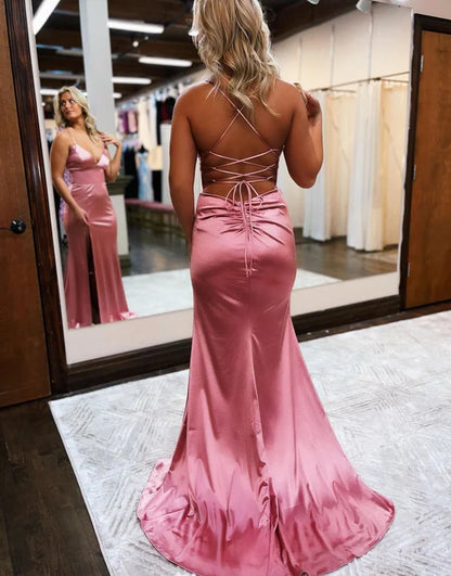 Wholesale Elegant Mermaid Evening Dress Spaghetti Straps Satin Prom Dress with Slit