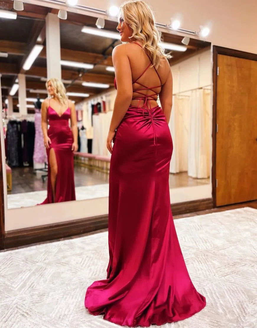 Wholesale Satin Spaghetti Straps Prom Dress With Split Sexy Party Dress Formal Dress