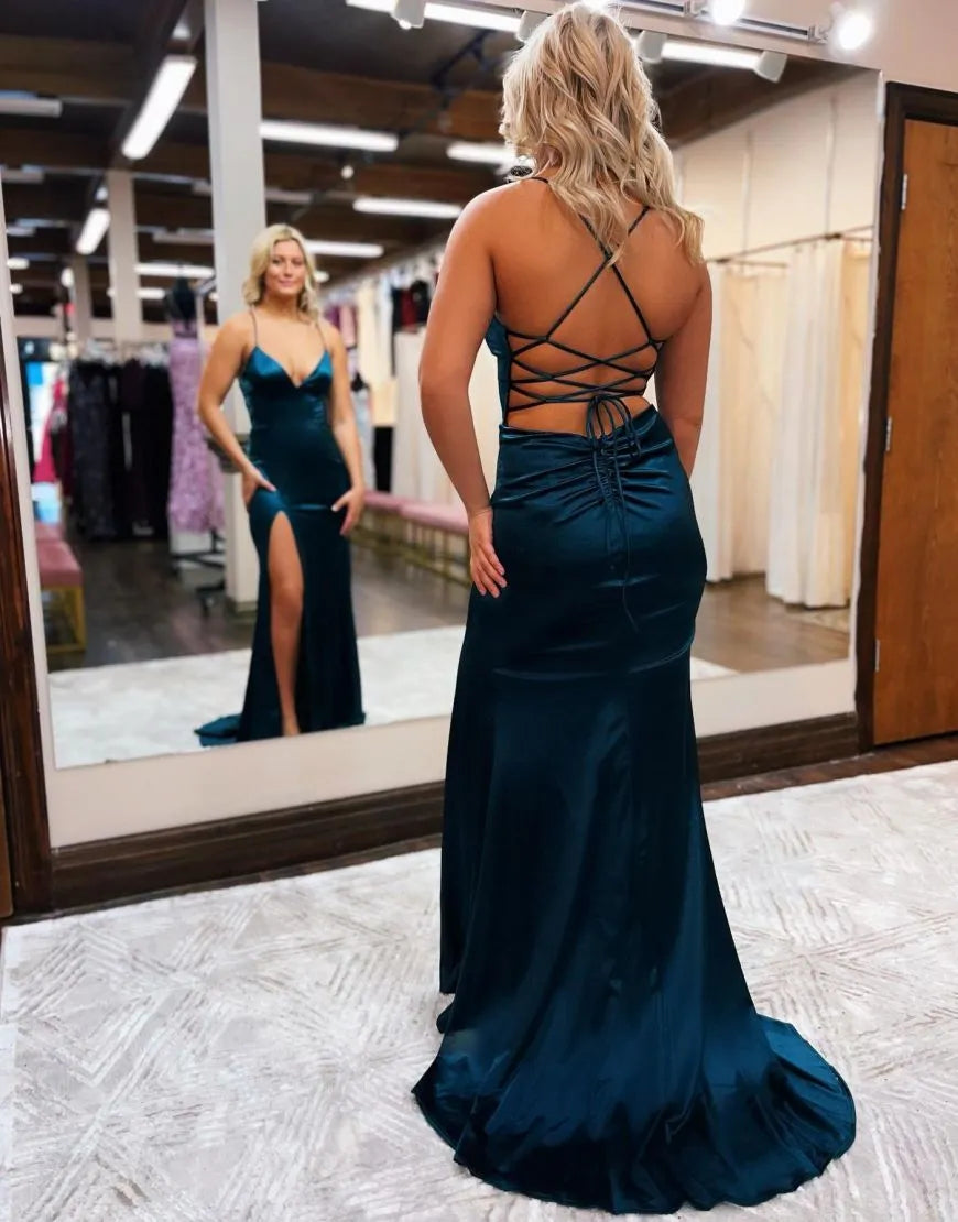 Wholesale Satin Spaghetti Straps Prom Dress With Split Sexy Party Dress Formal Dress