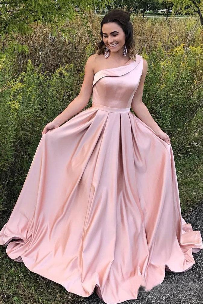 Wholesale Elegant Prom Dresses A Line One Shoulder Long Prom Dresses with Pockets