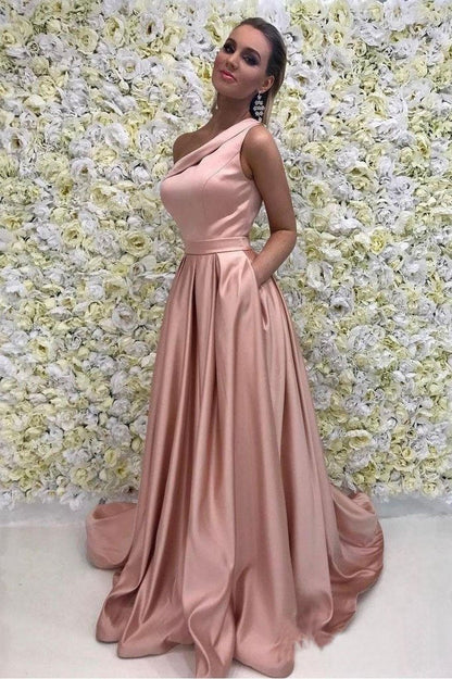 Wholesale Elegant Prom Dresses A Line One Shoulder Long Prom Dresses with Pockets