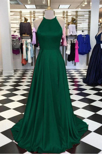 Wholesale Prom Dresses with Split Pockets Elegant A-Line Round Neck Royal Blue Satin Open Back