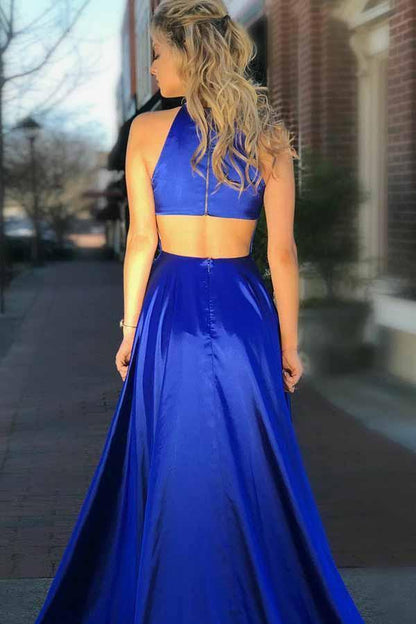 Wholesale Prom Dresses with Split Pockets Elegant A-Line Round Neck Royal Blue Satin Open Back