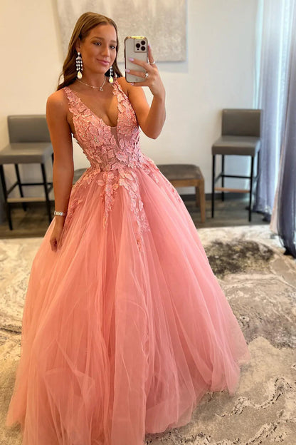 Wholesale A Line V Neck Tulle Lace Appliques Long Blush Open Back Prom Dresses Elegant