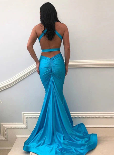 Wholesale Elegant Blue Mermaid Backless Satin Straps Prom Dresses Sexy Formal Gown