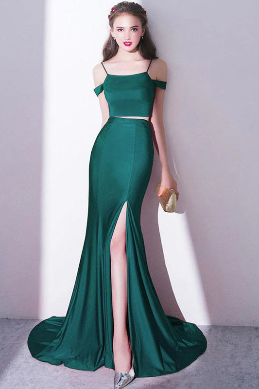 Wholesale Prom Dresses Elegant Green Off Shoulder Two-Piece Slit Mermaid