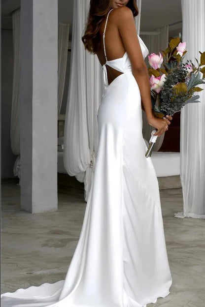 Wholesale Elegant Mermaid Satin White Sweep Train Spaghetti Straps Wedding Dress