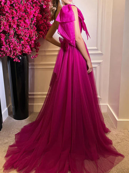 Wholesale Elegant Prom Dress One Shoulder Pleated Tulle Boned High Split