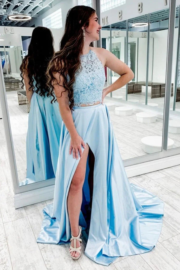 Wholesale Two Piece A Line Prom Dresses Elegant Sweep Train With Slit