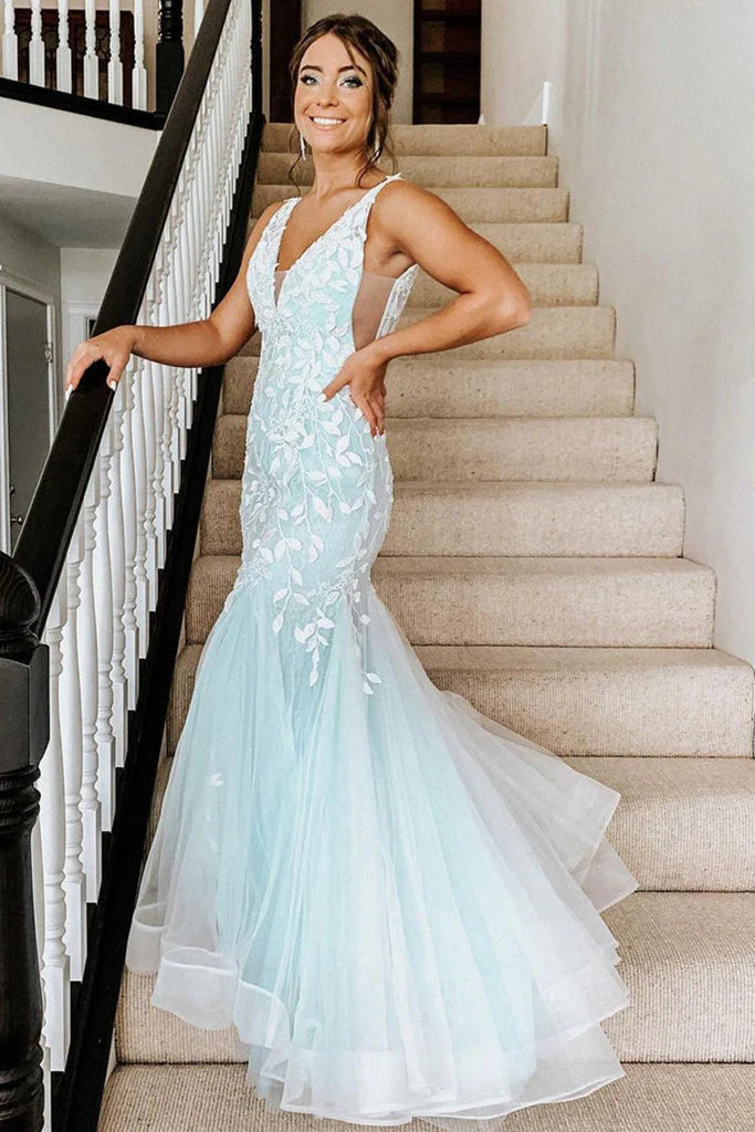 Wholesale Mermaid Elegant V Neck Tulle Lace Applique Prom Dress