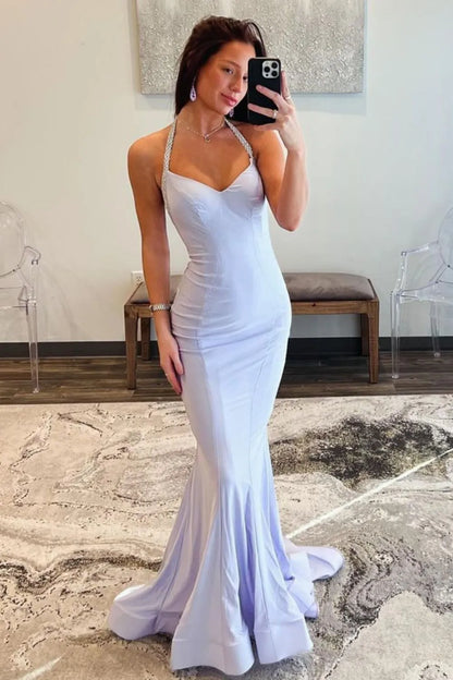 Wholesale Long Prom Dress Elegant White Mermaid Beaded Halter Neck