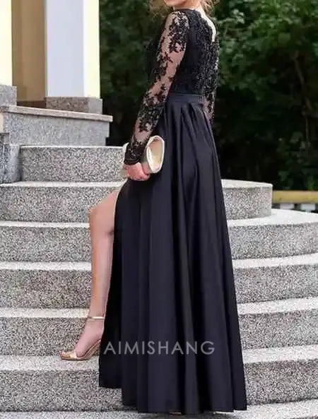 Aimishang Elegant A-Line Long Sleeves Mother Of The Bride Dresses Sexy Side Split Formal Wedding Guest Dress Black Evening Party Dress