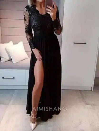 Aimishang Elegant A-Line Long Sleeves Mother Of The Bride Dresses Sexy Side Split Formal Wedding Guest Dress Black Evening Party Dress