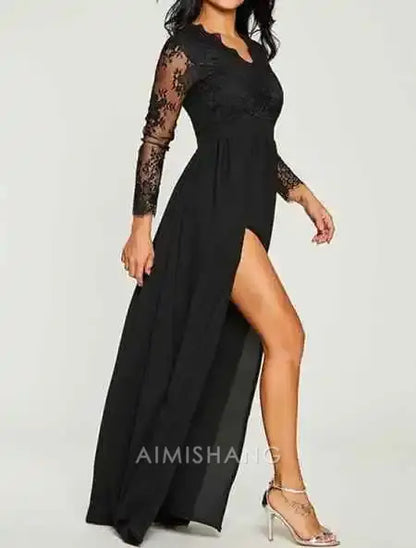 Aimishang Elegant A-Line Long Sleeves Mother Of The Bride Dresses Sexy Side Split Formal Wedding Guest Dress Black Evening Party Dress