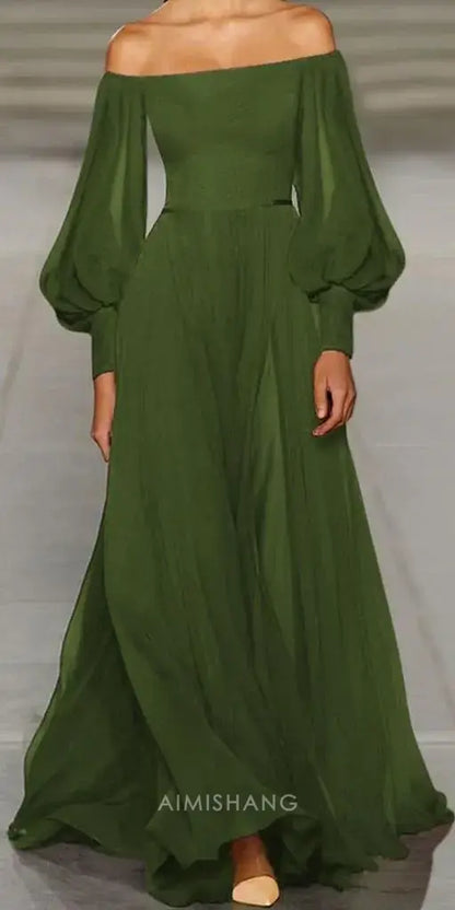 Aimishang Elegant A-Line Off the Shoulder Long Sleeves Prom Dress Simple Wedding Guest Party Dress Charming Evening Gown