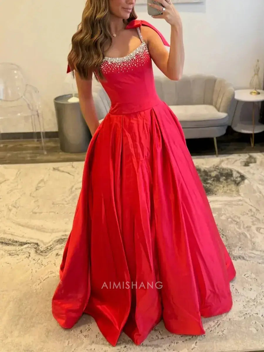 Aimishang Elegant A-Line Sleeveless Satin Beaded Long Prom Dress Lovely Party Dress Cute Evening Gown With Bow