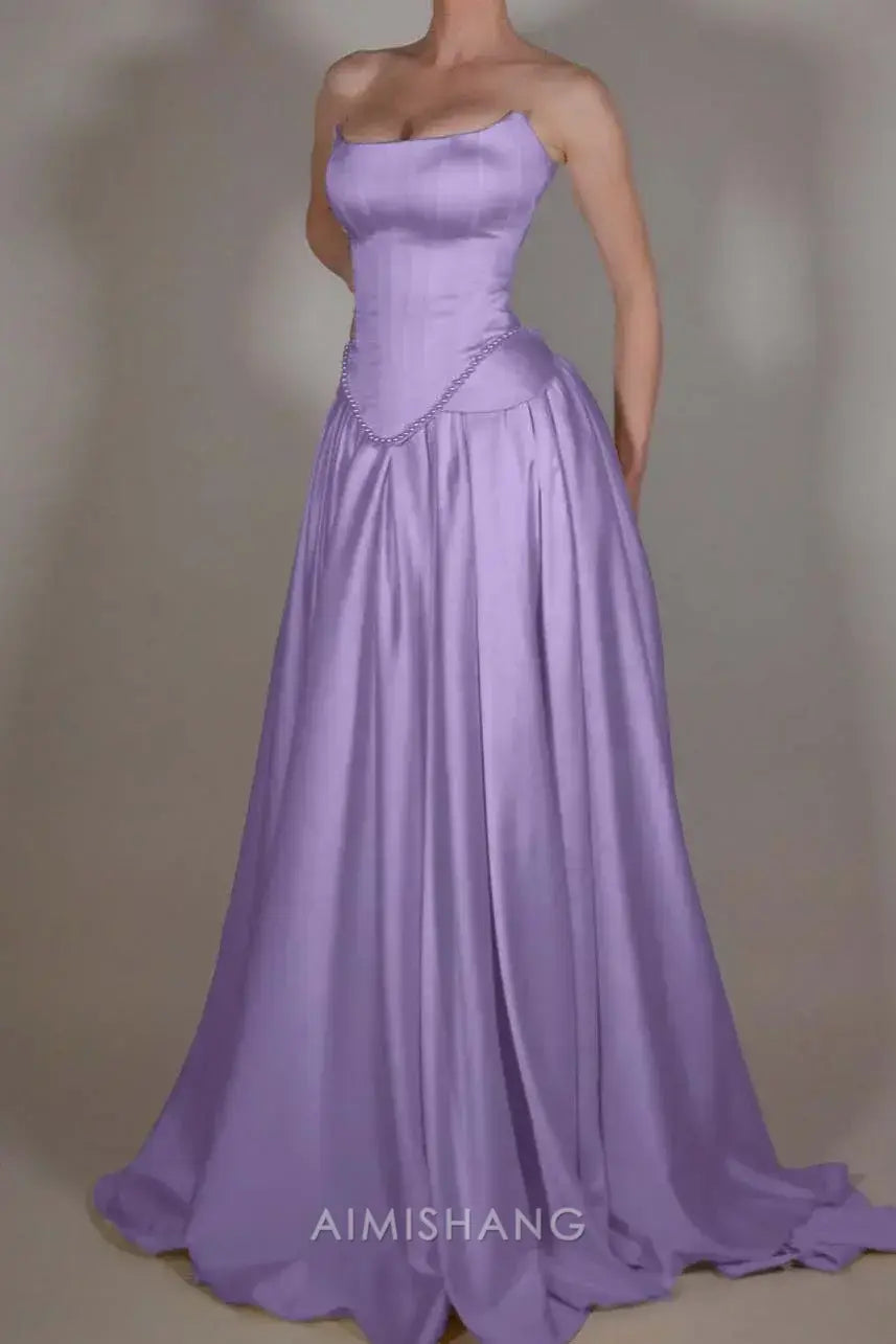 Aimishang Elegant A-Line Sleeveless Strapless Pleated Long Prom Dress with Beadings Chic Evening Party Dress Formal Gown