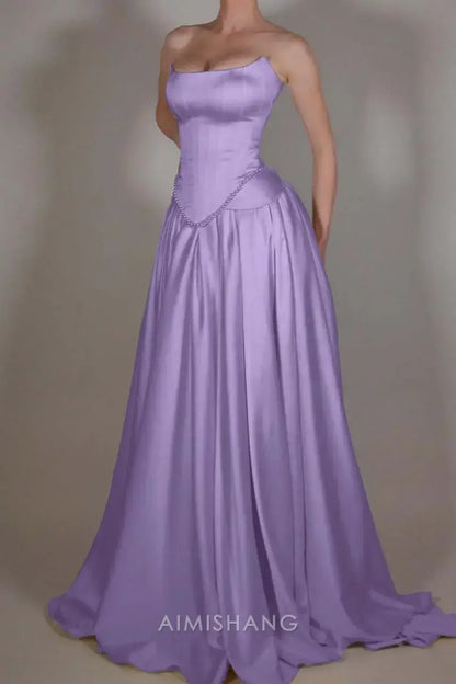 Aimishang Elegant A-Line Sleeveless Strapless Pleated Long Prom Dress with Beadings Chic Evening Party Dress Formal Gown