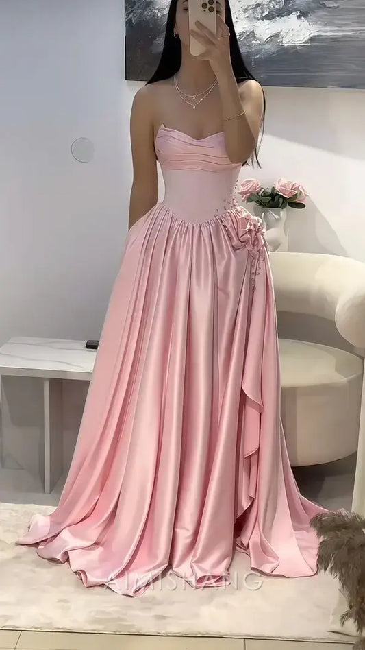 Aimishang Elegant A-Line Strapless Pleated Long Prom Dress Sweet Evening Party Dress Lovely Bridesmaid Dress Formal Gown