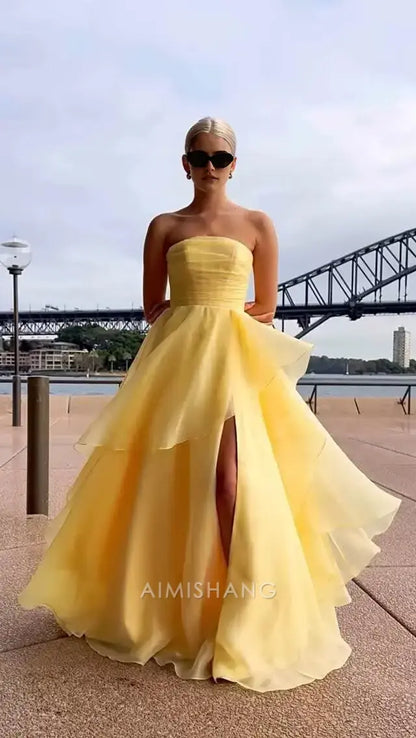 Aimishang Elegant A-Line Strapless Sleeveless Tiered Prom Dress With Slit Charming Evening Party Dress