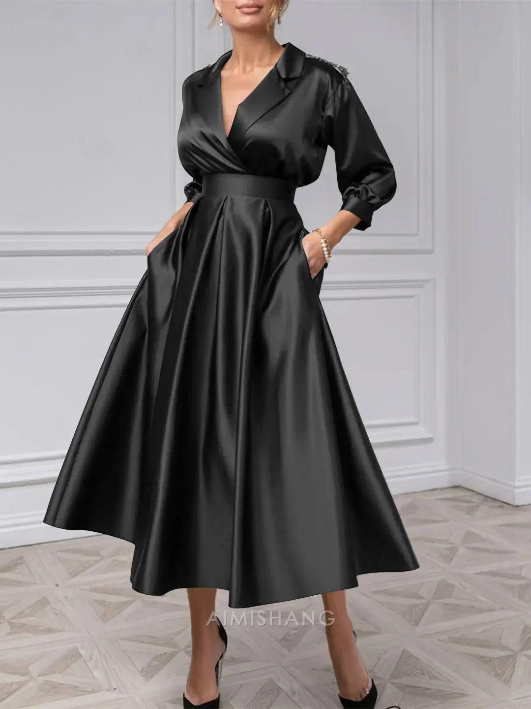 Aimishang Elegant A-Line V-Neck Mother Of The Bride Dresses Tea-length 3/4 Sleeves Formal Wedding Guest Dress Satin Evening Party Dress