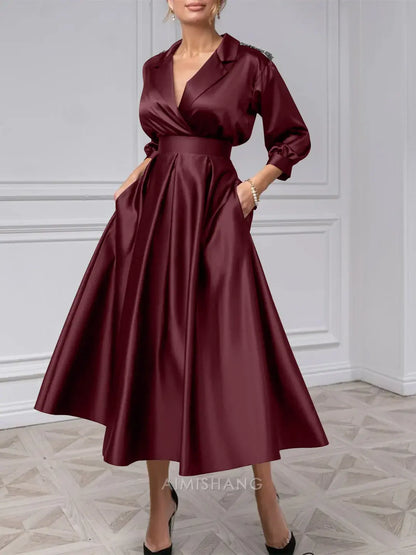 Aimishang Elegant A-Line V-Neck Mother Of The Bride Dresses Tea-length 3/4 Sleeves Formal Wedding Guest Dress Satin Evening Party Dress