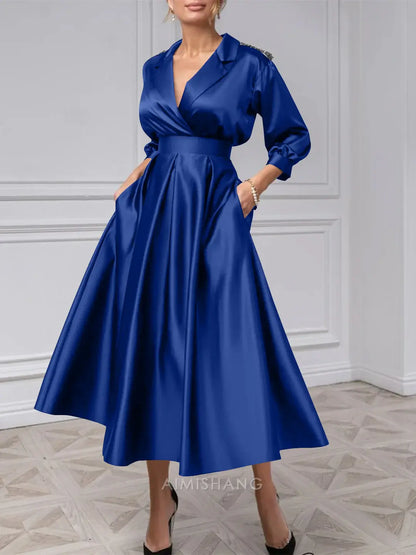 Aimishang Elegant A-Line V-Neck Mother Of The Bride Dresses Tea-length 3/4 Sleeves Formal Wedding Guest Dress Satin Evening Party Dress