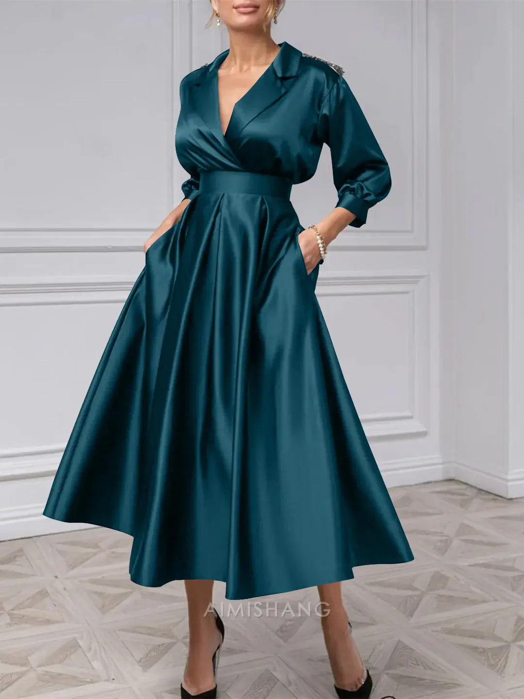 Aimishang Elegant A-Line V-Neck Mother Of The Bride Dresses Tea-length 3/4 Sleeves Formal Wedding Guest Dress Satin Evening Party Dress