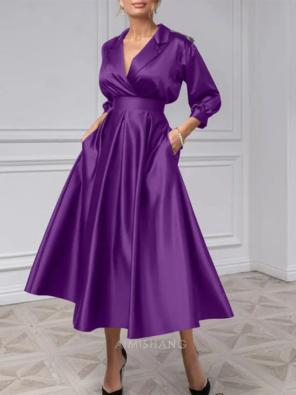 Aimishang Elegant A-Line V-Neck Mother Of The Bride Dresses Tea-length 3/4 Sleeves Formal Wedding Guest Dress Satin Evening Party Dress