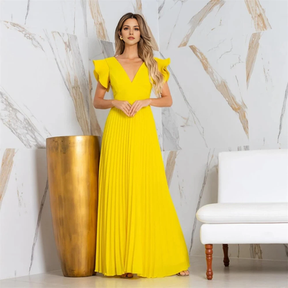 Aimishang Elegant A-line V-Neck Pleat Ruffles Long Prom Dress Charming Evening Party Dress