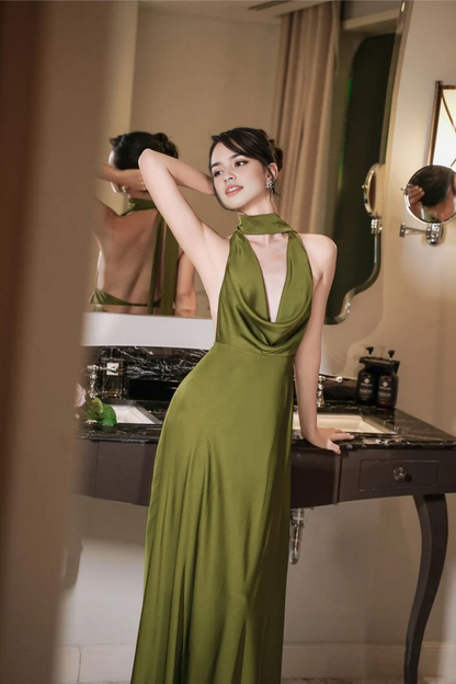 Aimishang Elegant A Line Halter Open Back Long Prom Dresses Sleeveless Charming Evening Party Dress for Women