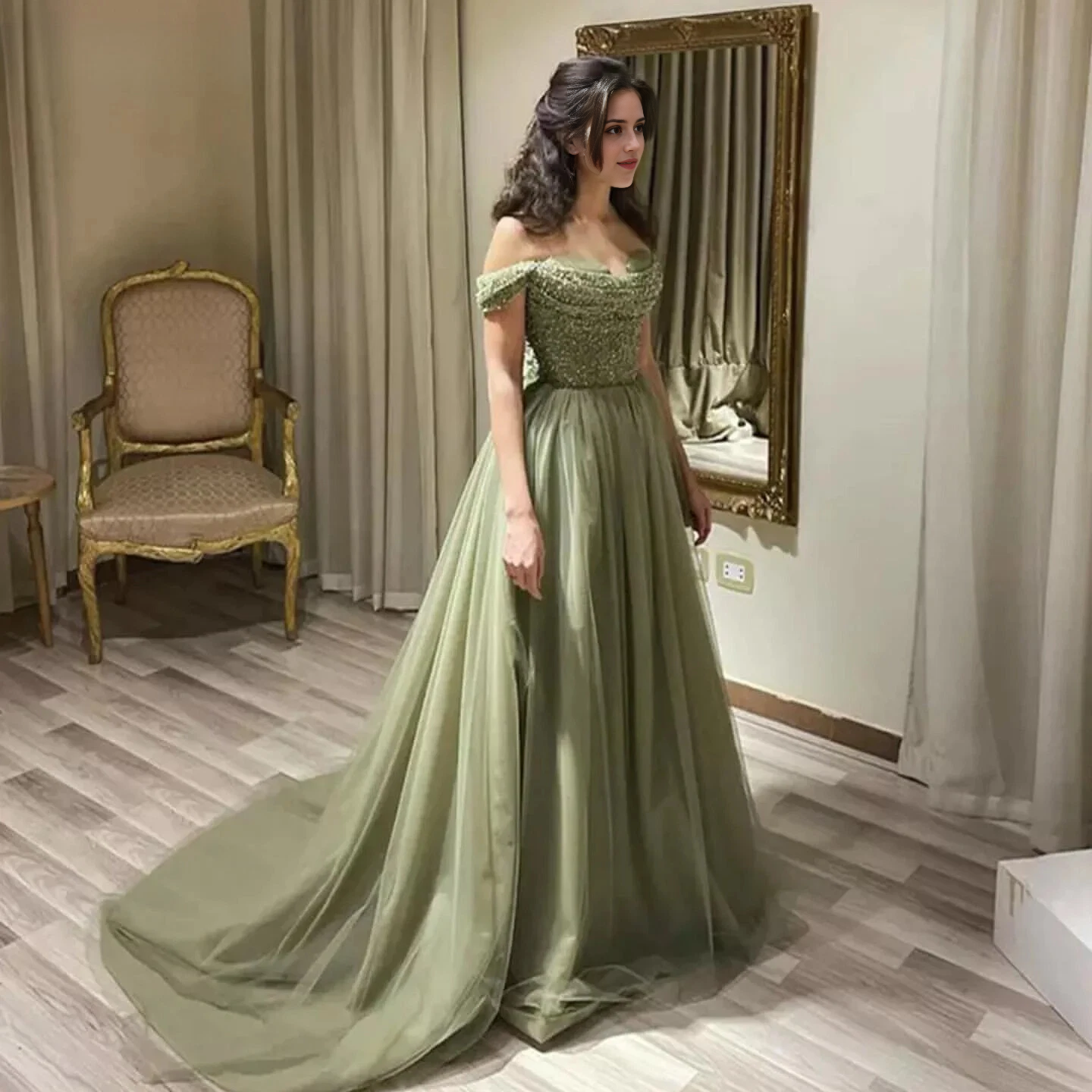 Aimishang Elegant A Line Off The Shoulder Pleated Tulle Sequin Long Prom Dress Charming Evening Party Dress