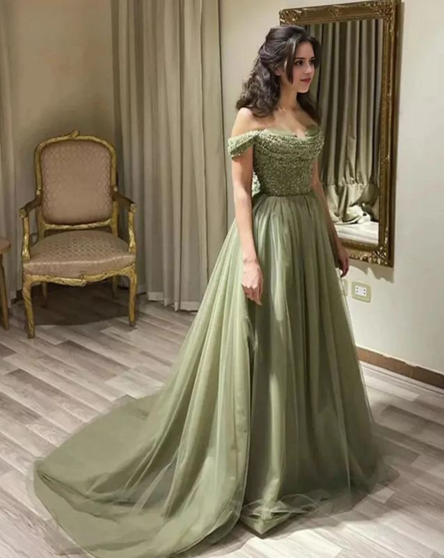 Aimishang Elegant A Line Off The Shoulder Pleated Tulle Sequin Long Prom Dress Charming Evening Party Dress