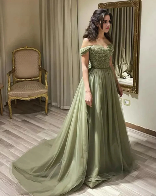 Aimishang Elegant A Line Off The Shoulder Pleated Tulle Sequin Long Prom Dress Charming Evening Party Dress