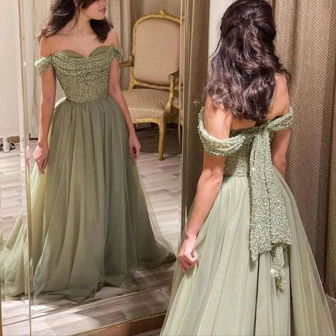 Aimishang Elegant A Line Off The Shoulder Pleated Tulle Sequin Long Prom Dress Charming Evening Party Dress