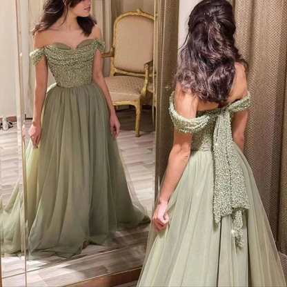 Aimishang Elegant A Line Off The Shoulder Pleated Tulle Sequin Long Prom Dress Charming Evening Party Dress