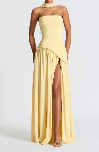 Aimishang Elegant A Line Strapless Long Prom Dress With Slit Simple Party Dress Charming Vacation Beach Dress