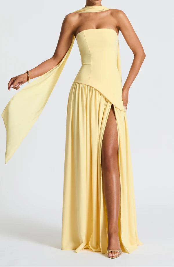 Aimishang Elegant A Line Strapless Long Prom Dress With Slit Simple Party Dress Charming Vacation Beach Dress
