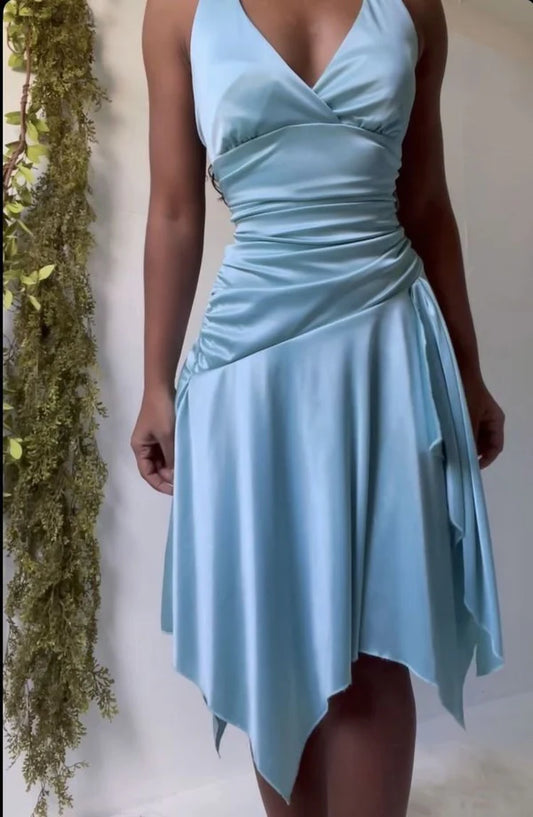 Aimishang Elegant A line V Neckline Blue Satin Homecoming Dress Simple Short Vacation Beach Dress Lovely Birthday Party Dress