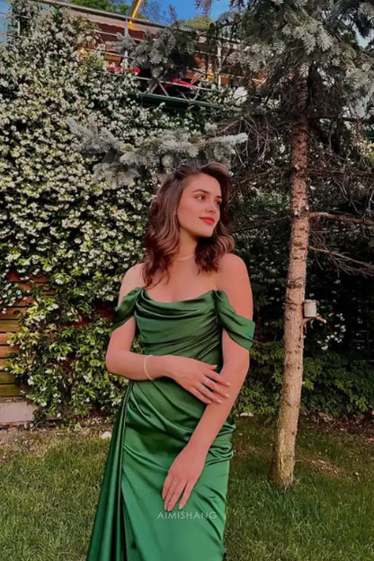 Aimishang Elegant Green Satin Off the Shoulder Party Evening Gown With Slit Long Formal Prom Dress Fashion Graduation Dress